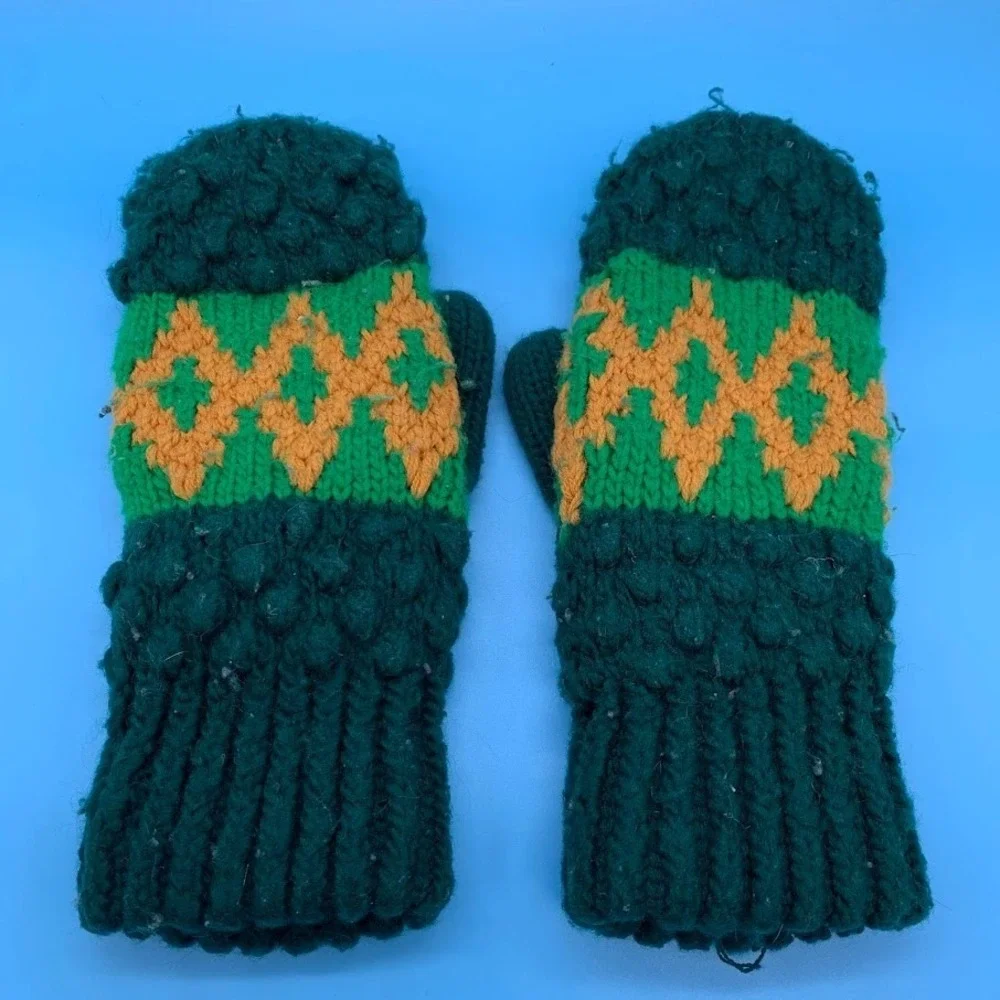 Vintage Green Knit Adult Mittens Gloves Handmade‎ Retro Winter Ski